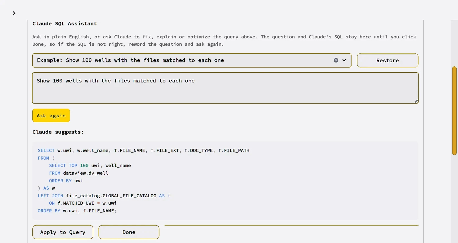Claude SQL Assistant with a question and generated SQL