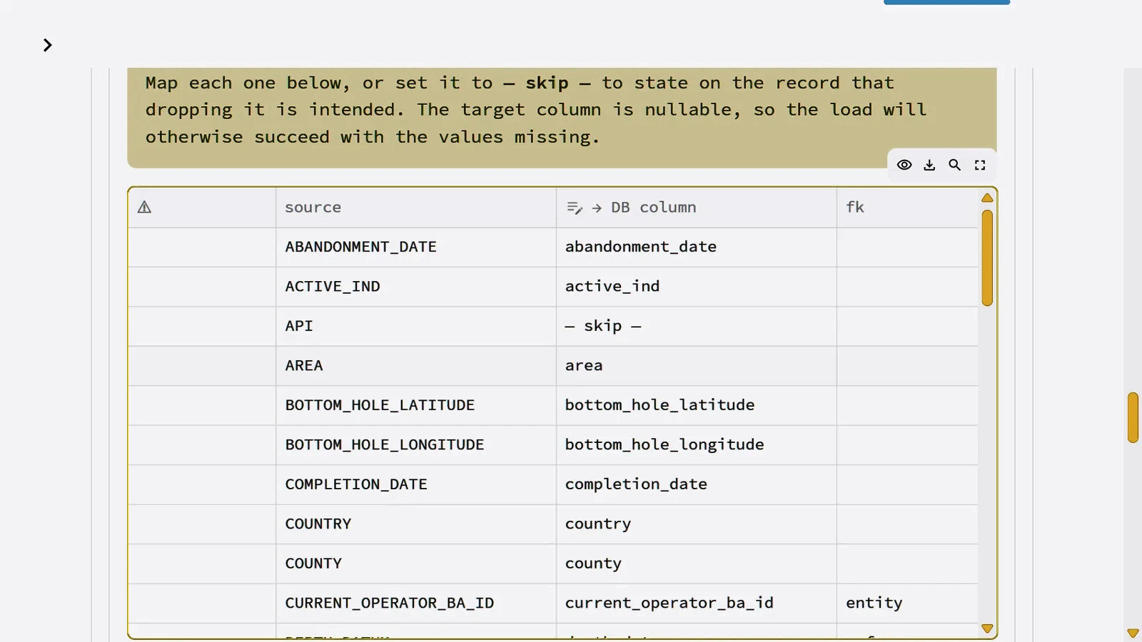 Column matching grid pairing source headers with database columns