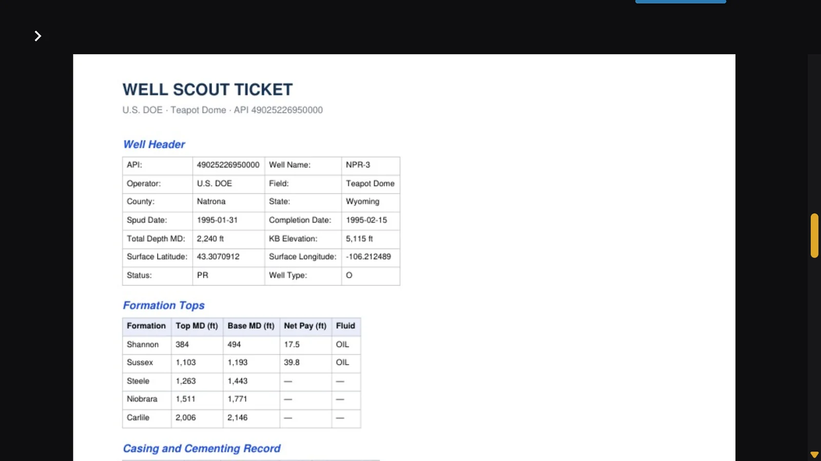 Scout ticket report with tops, casing and completion